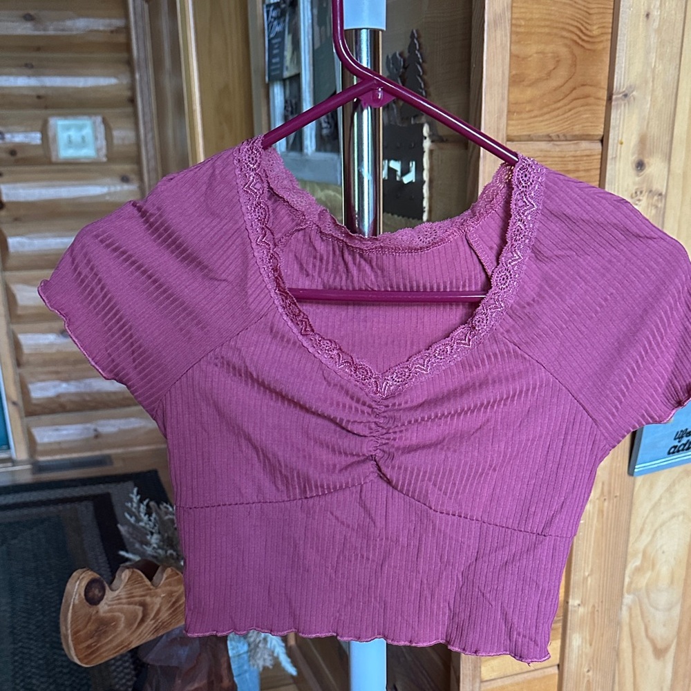 SHEIN Pink Lace Trim Crop Top